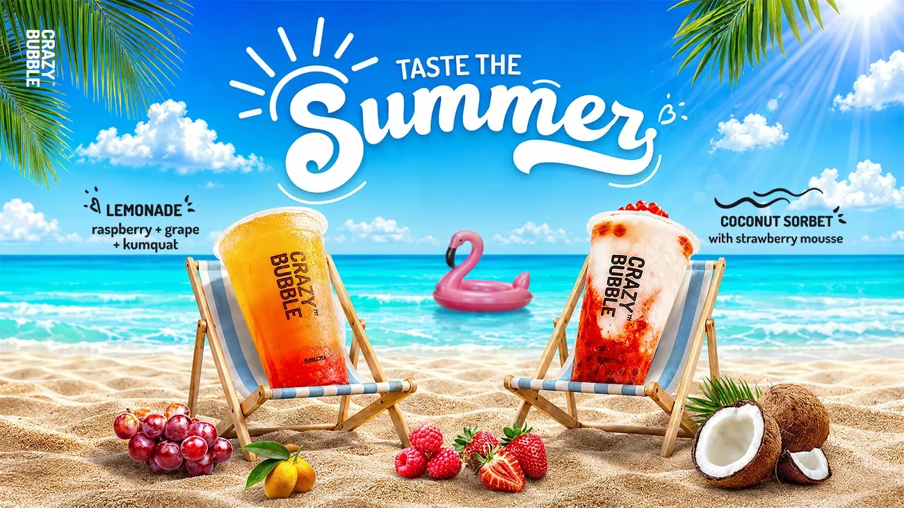 Bright beach ad for Crazy Bubble drinks: two fruity slush beverages on deck chairs with a flamingo float in the blue sea.