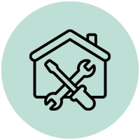Icon of a house with crossed wrench and screwdriver, representing home repair or maintenance.