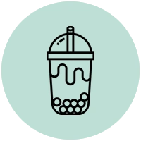 Bubble tea cup icon with a straw and tapioca pearls at the bottom on a light teal background in a circle.