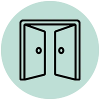 Open double doors icon on a light teal circular background, seen from the front with doors ajar.