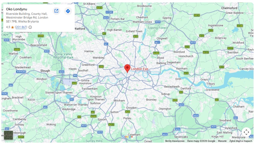 Interactive map showing London with a pin on the London Eye near the River Thames