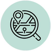 Map search icon: magnifying glass over a stylized map with a location pin