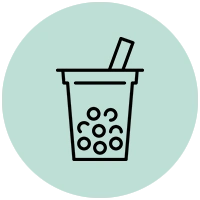 Line drawing of a cup with a straw and ice cubes on a pastel teal circle.