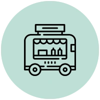 Line art illustration of a mobile vending cart with a glass display showing bottles on shelves.